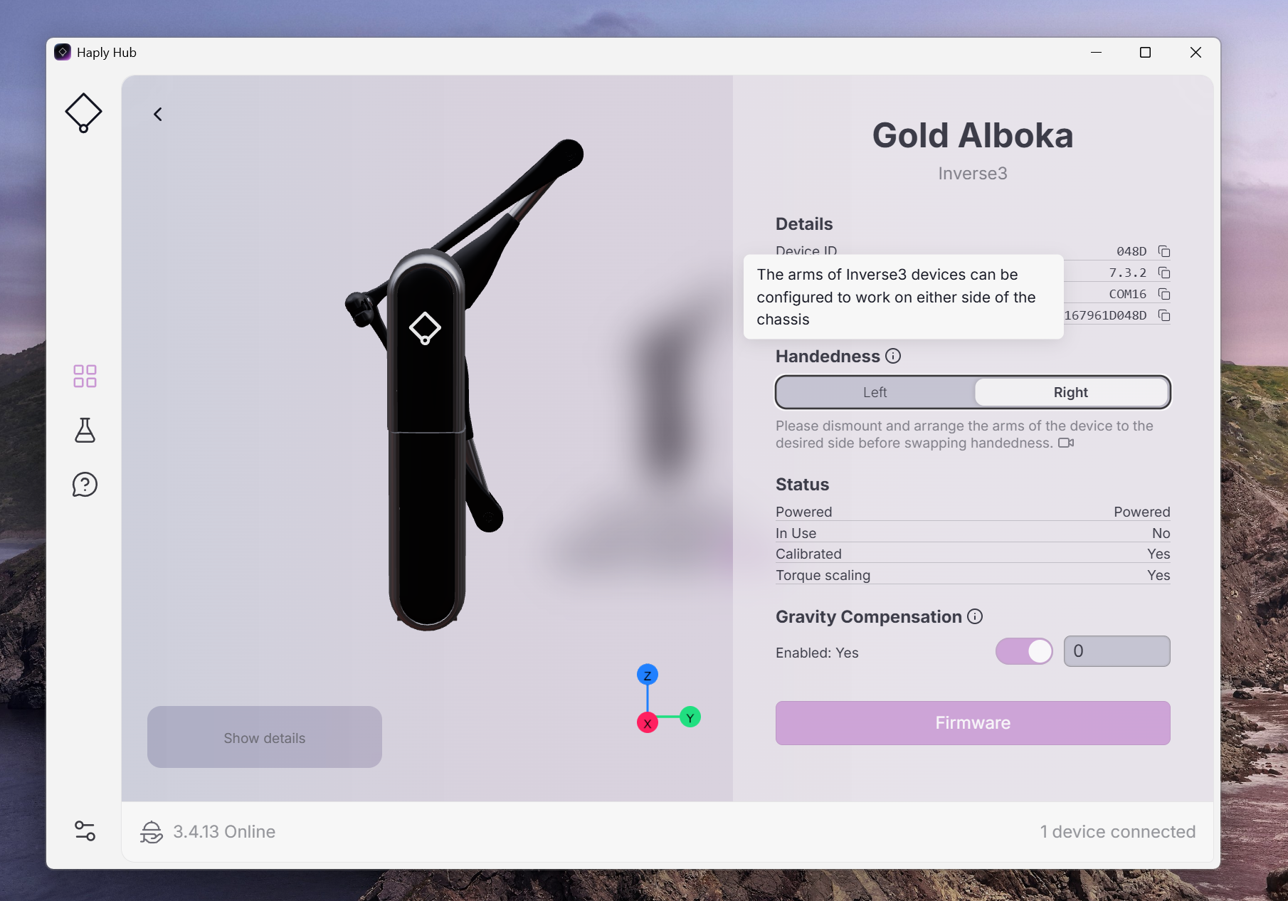 핸드드니스 값이 강조 표시된 Haply 허브 개요 페이지